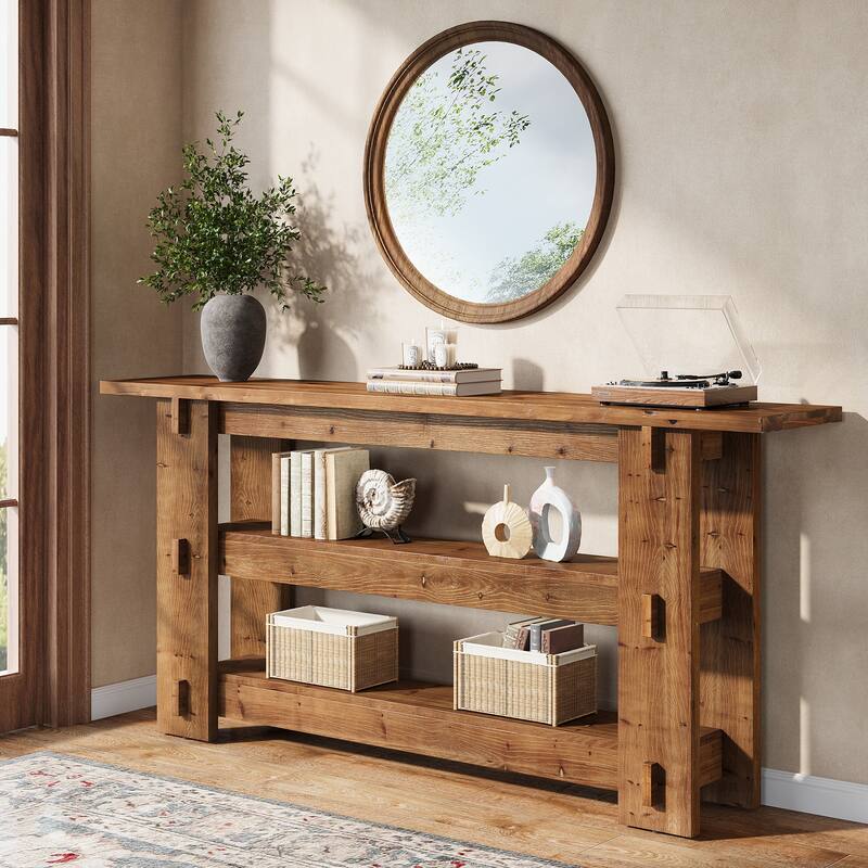 63-Inch Solid Wood Console Table for Entryway, 3-Tier Sofa Table Behind Couch - 11.81" D x 62.99" W x 31.5" H - Rustic Brown