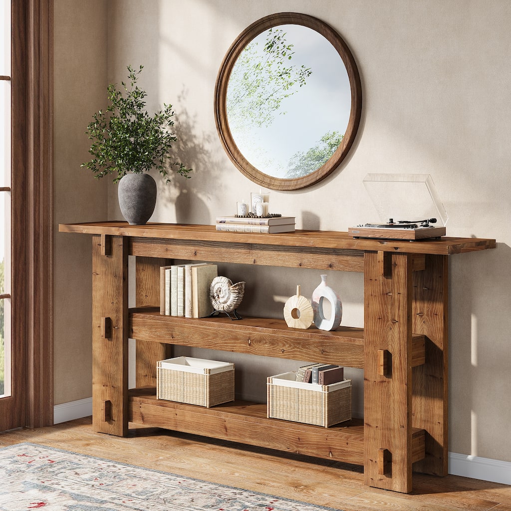 63-Inch Solid Wood Console Table for Entryway, 3-Tier Sofa Table Behind Couch - 11.81" D x 62.99" W x 31.5" H