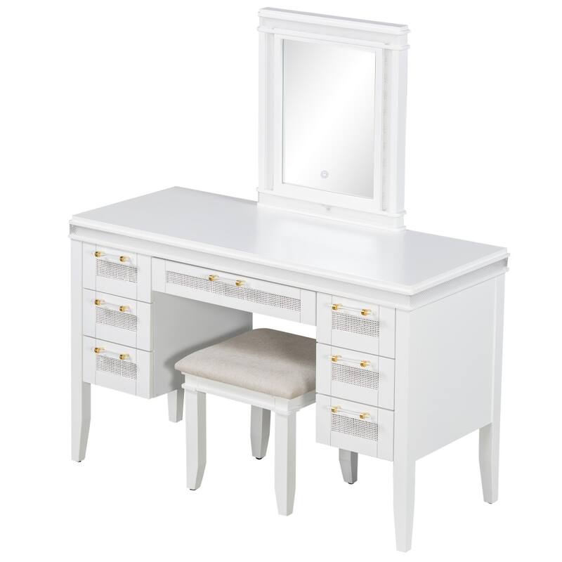 48" Dresser with Mirror, LED Light Strips, 7 Drawers and Stool
