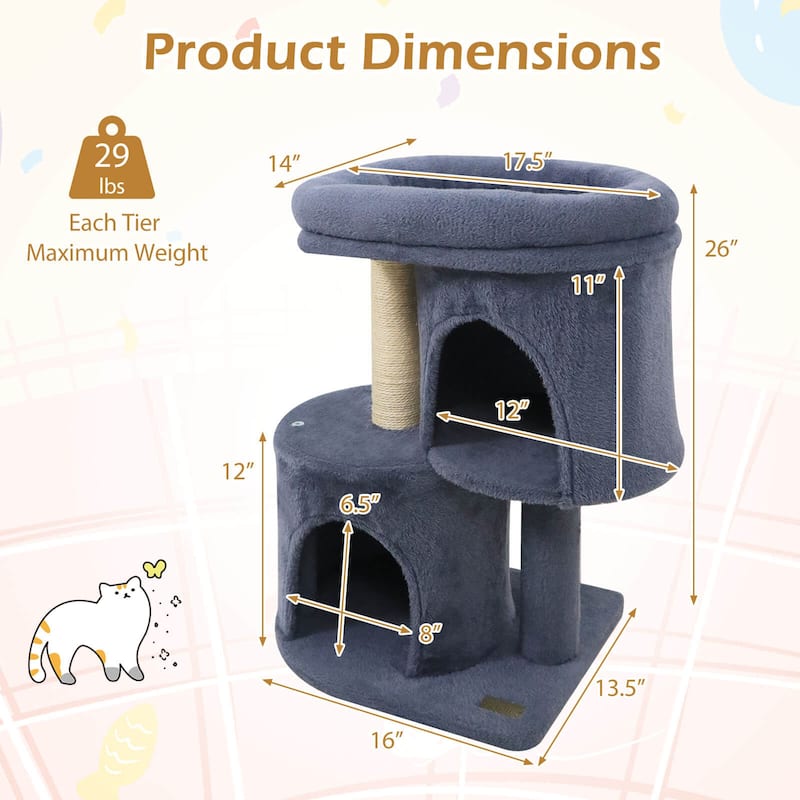 Costway 26” Small Cat Tree with Large Padded Plush Perch, 2 Condos, - See Details