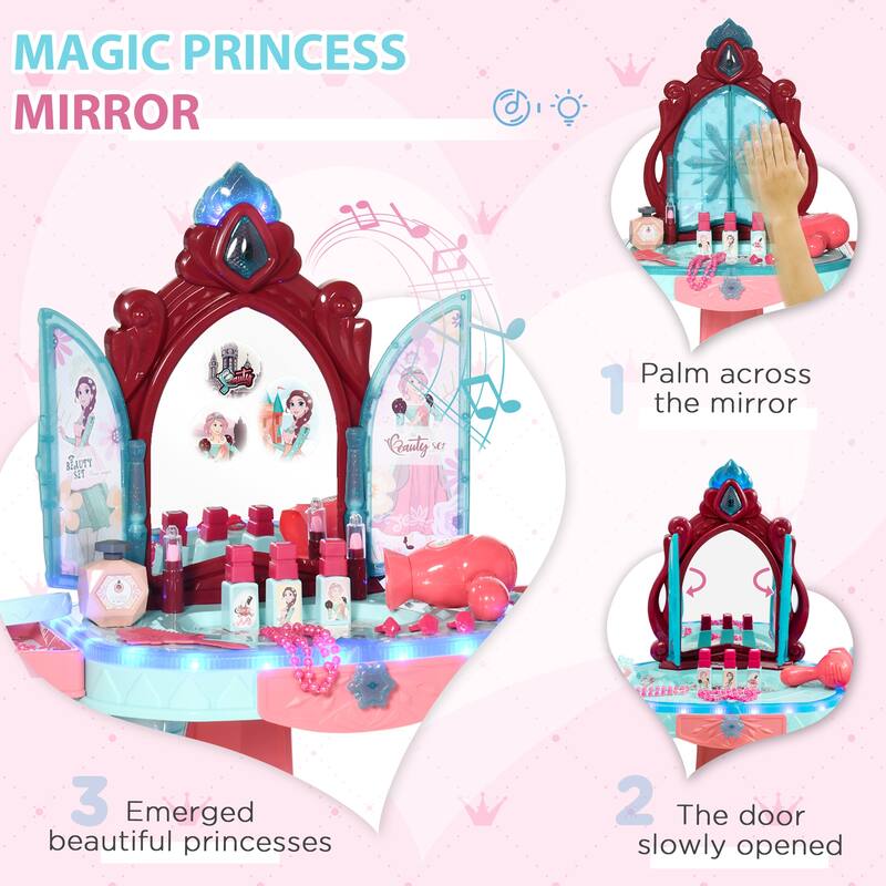 Qaba Self-Opening Mirror Design Kids Vanity Makeup Table Set with Chair and 31-Piece Collection, Imaginative Toy