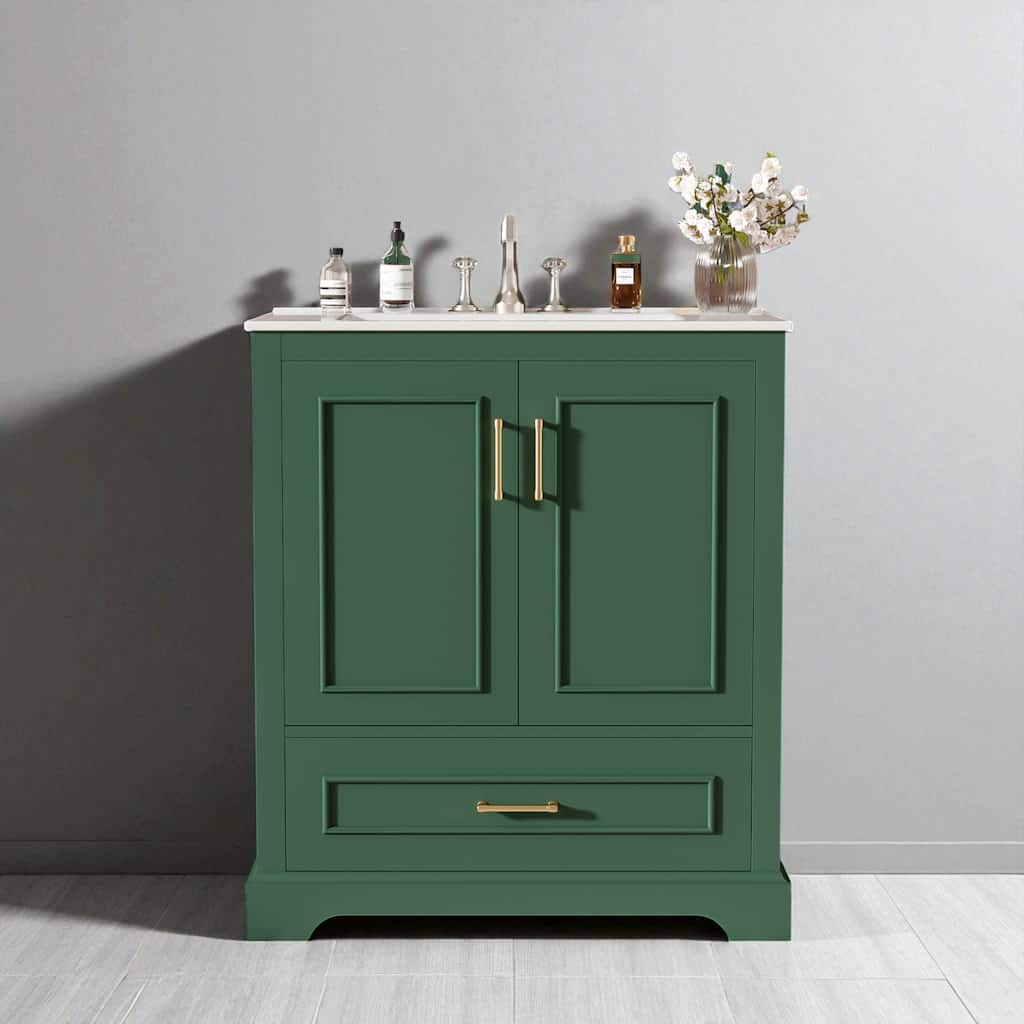 30" Bathroom Vanity with Ceramic Sink, Freestanding Cabinet with Drawer and Soft-Close Doors, Solid Wood Frame