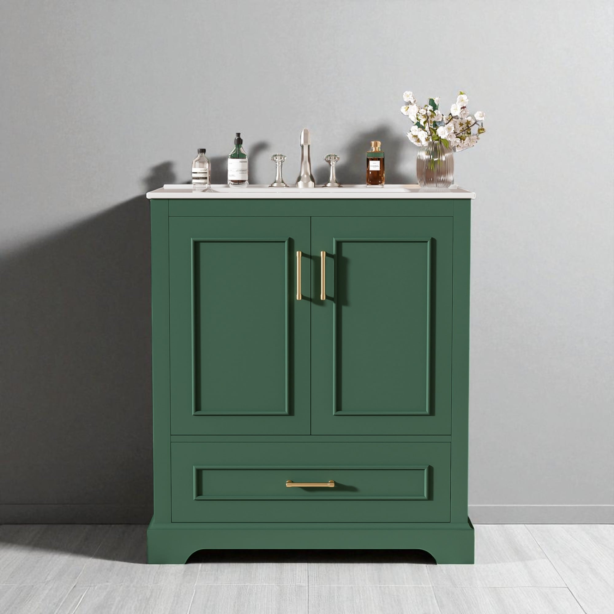 30" Bathroom Vanity with Ceramic Sink, Freestanding Cabinet with Drawer and Soft-Close Doors, Solid Wood Frame