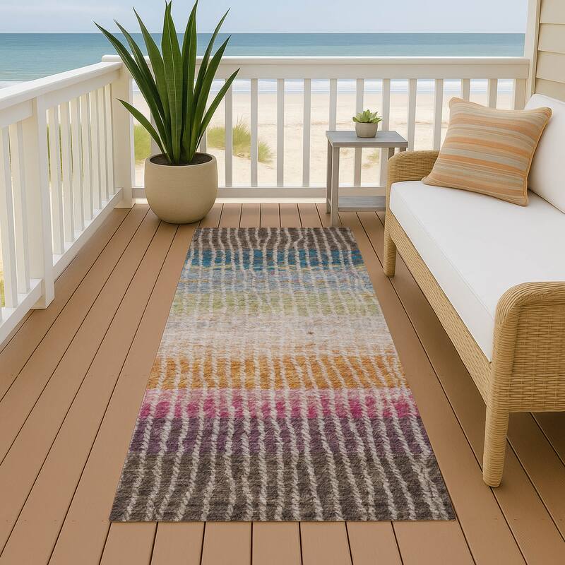 Machine Washable Indoor/ Outdoor Contemporary Stripes Chantille Rug - Chocolate - 2'3" x 7'6"
