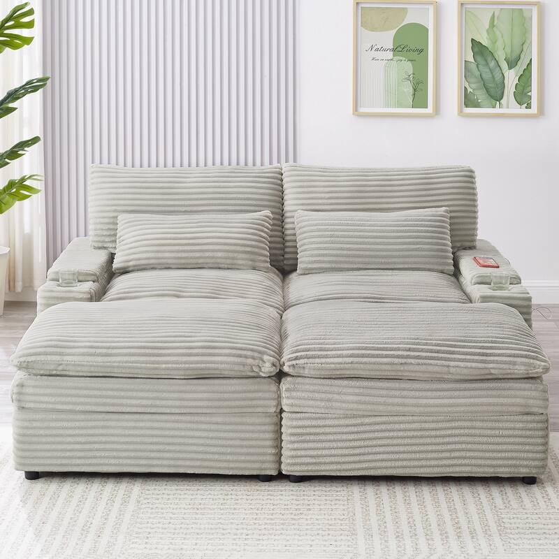 Loveseat Sofa Free-combined Sectional Convertible Sofa Bed with Storage Space, Two Movable Ottomans, Four USB Ports