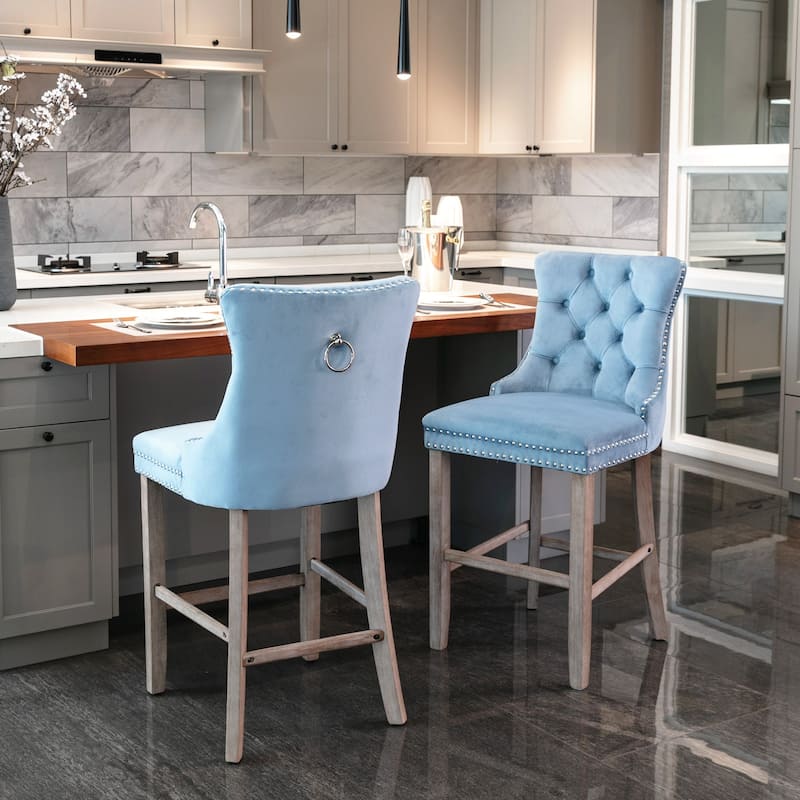 Roomfitters Velvet Bar Stools Set of 2, Tufted Upholstered Counter Chairs with Nailhead Trim and Wooden Legs - Light Blue