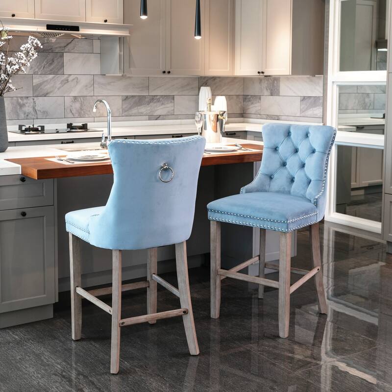 Contemporary Velvet Upholstered Barstools with Button Tufted Decoration and Wooden Legs,Set of 2 - Light Blue