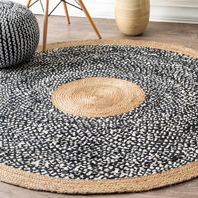 Nuloom Geometric Casual Natural Fiber Jute And Cotton Token Area Rug - 6' Round - Black - Round