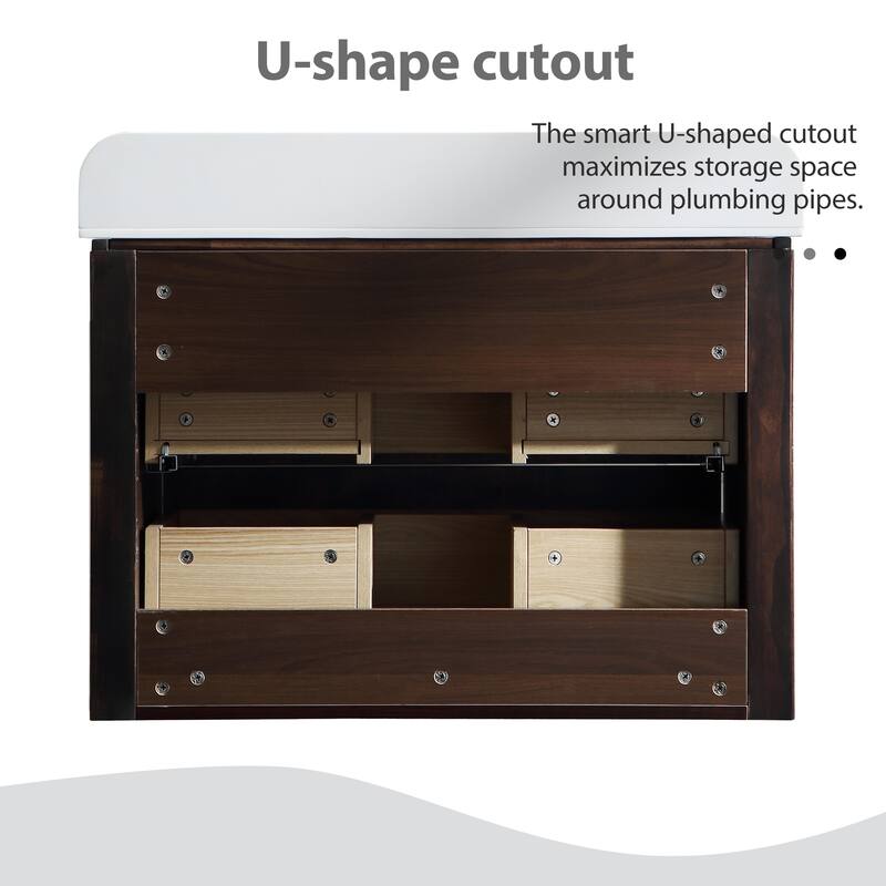 Modland Fluted Floating Vanity with Sink, Plywood Wall Mount Cabinet, Curved Edge, 24/30/36 Inch