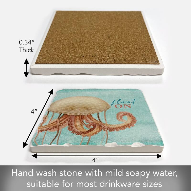 Float On 4 Pack Absorbent Stone Coasters with Cork Backing 4" Square Made in The USA Absorbent Wipes Clean