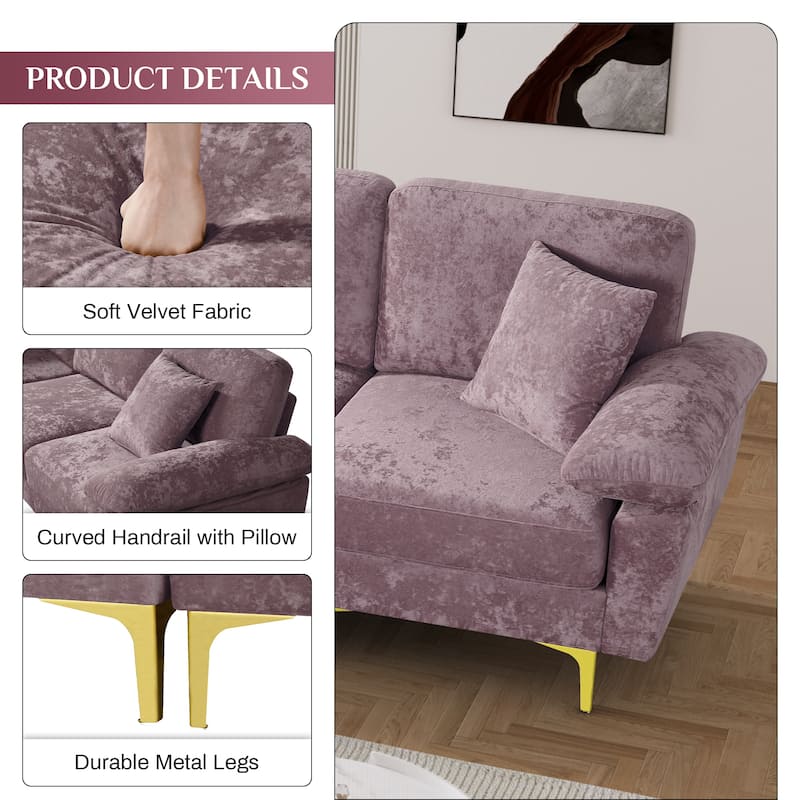 Ouyessir 2-Pieces Upholstered Velvet Sectional Sofa with 2 Pillows & Ottoman