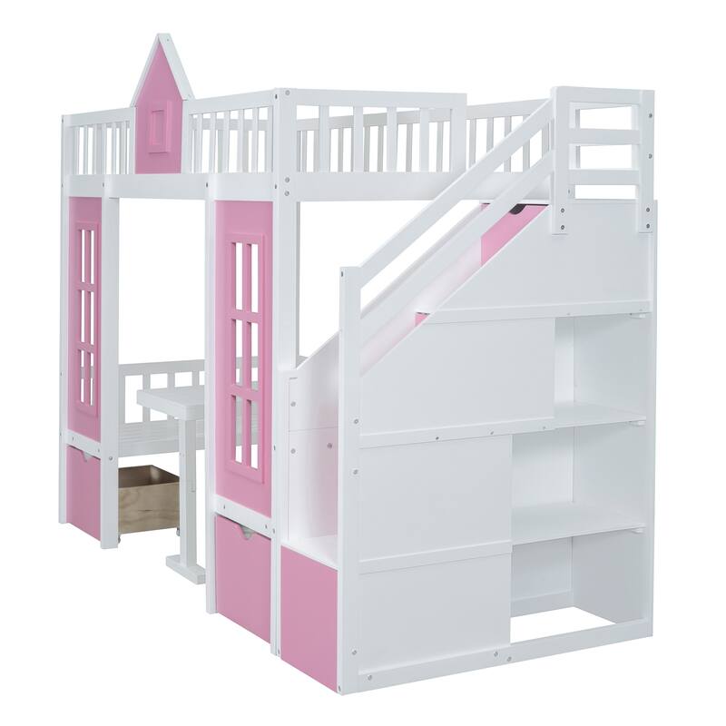 Convertible Twin-Over-Twin Bunk Bed with Desk, Pink