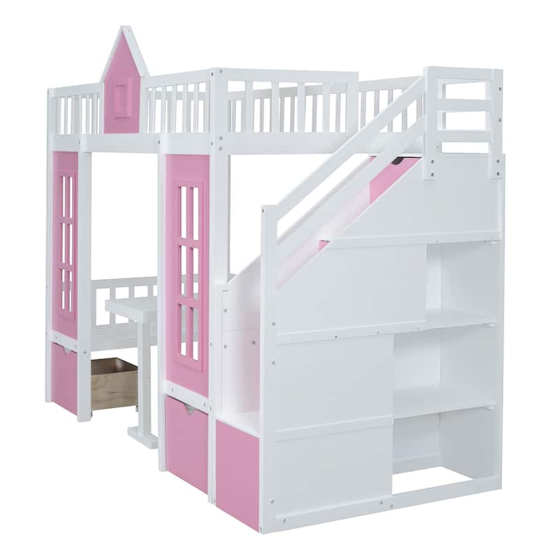 Twin-Over-Twin Bunk Bed with Changeable Table, Bunk Bed Turn into Upper Bed and Down Desk -Pink