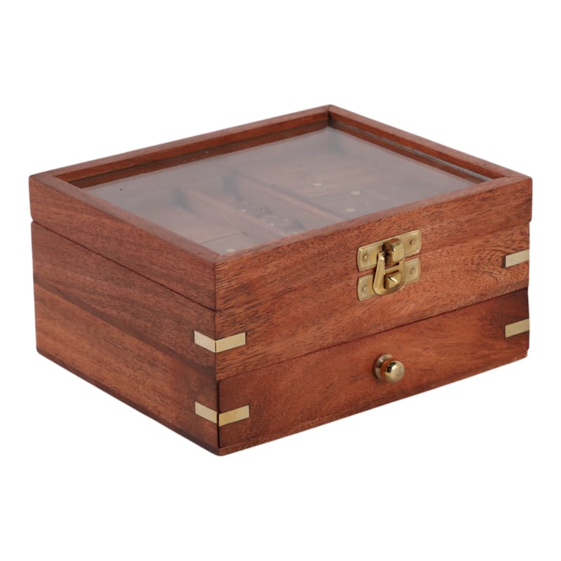 3 in 1 Classic Tabletop Game Set in Wooden Case Storage - 6", Brown & Gold - 6.0"