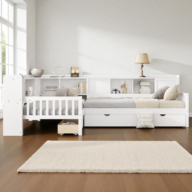 L-Shaped Twin Platform Bed with Trundle, Solid Wood Corner Bed Frame with Drawers and Shelves, No Box Spring Needed
