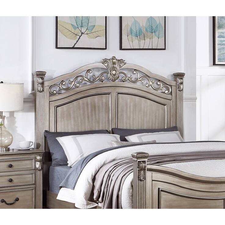 Formal Traditional Antique Silver 1pc Queen Size Bed Unique Design Headboard Footboard Bedframe