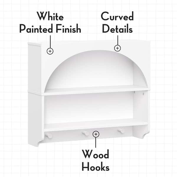 dimension image slide 1 of 2, Kids Curve Appeal Wall Shelf with 3 Hooks – White