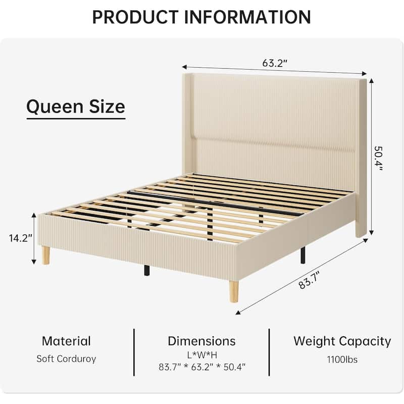 IDEALHOUSE Corduroy, Platform Bed with 51"Tall Vertical Headboard