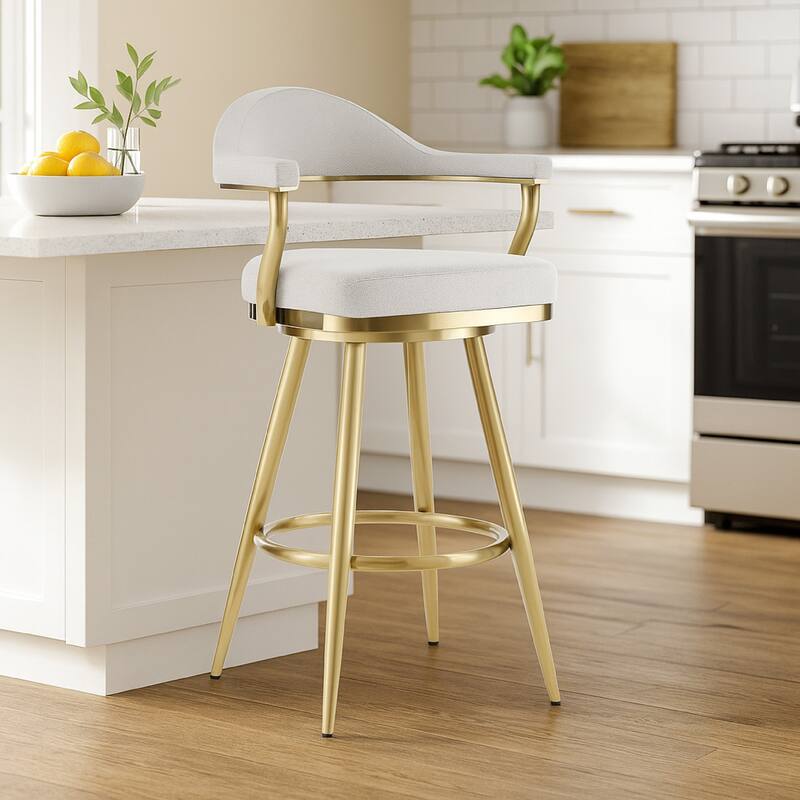 Justy Swivel Counter Stool Chair, Gold Steel Frame, Silver Polyester