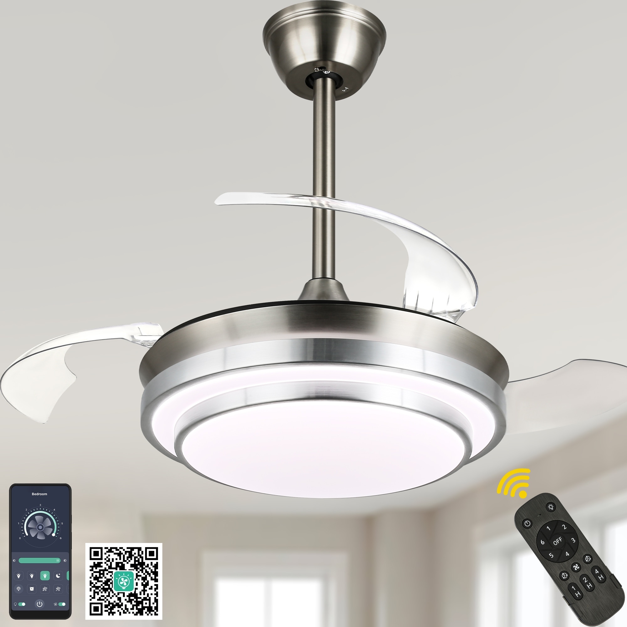 Bella Depot 36" Modern Retractable Ceiling Fan with Dimmable Led Light, Remote and APP Control 6-Speed Reversible DC Motor