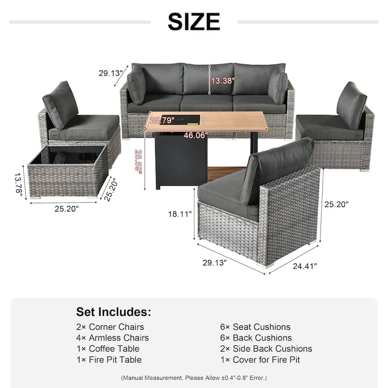 XIZZI 8-piece Outdoor Furniture Patio Wicker Sofa Set with Fire Pit
