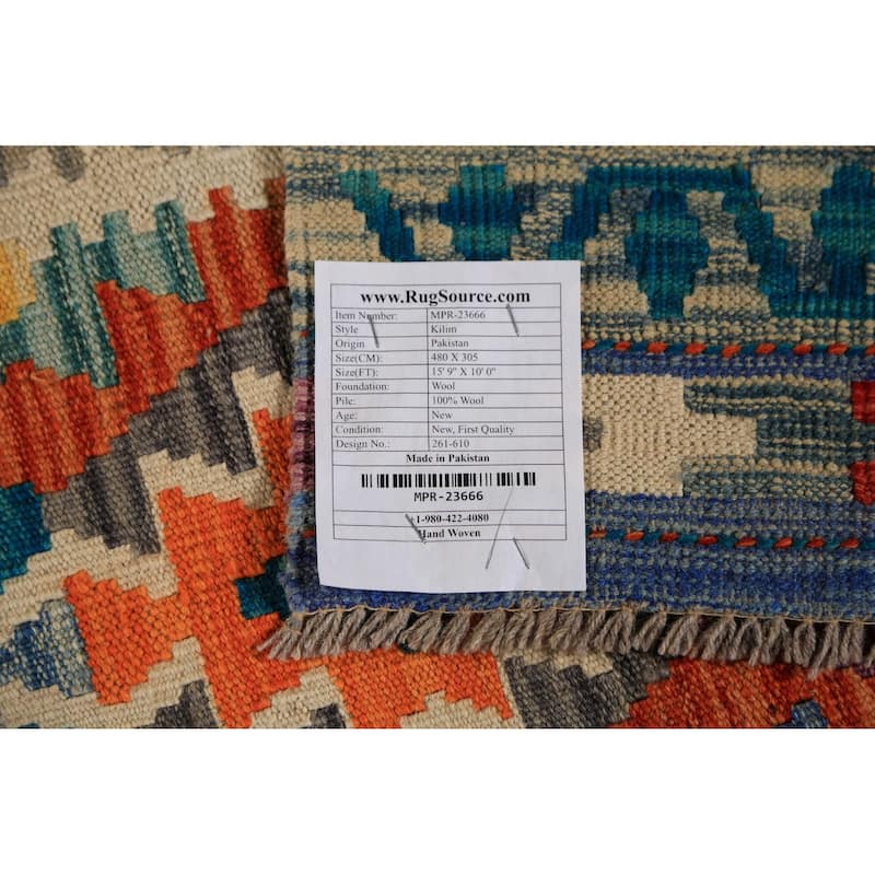 All-Over Geometric Kilim Oriental Large Rug Flatweave Wool Carpet - 10'0"x 15'9"