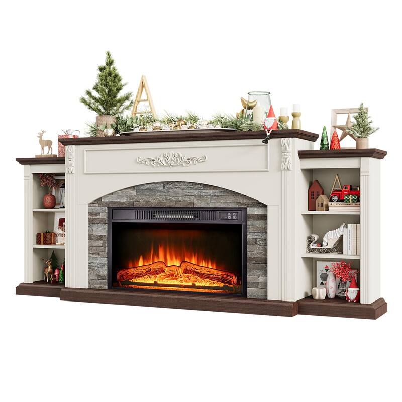 78 inch Electric Fireplace Mantel Fireplace TV Stand Entertainment Center with 30 inch Fireplace Insert Heater and Storage