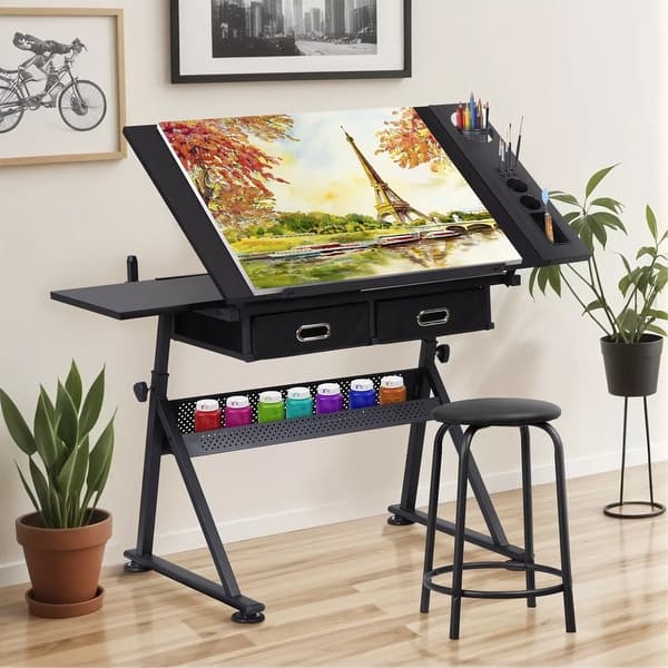 Drafting Table Drawing Desk Art Craft Workstation Adjustable Stool ...