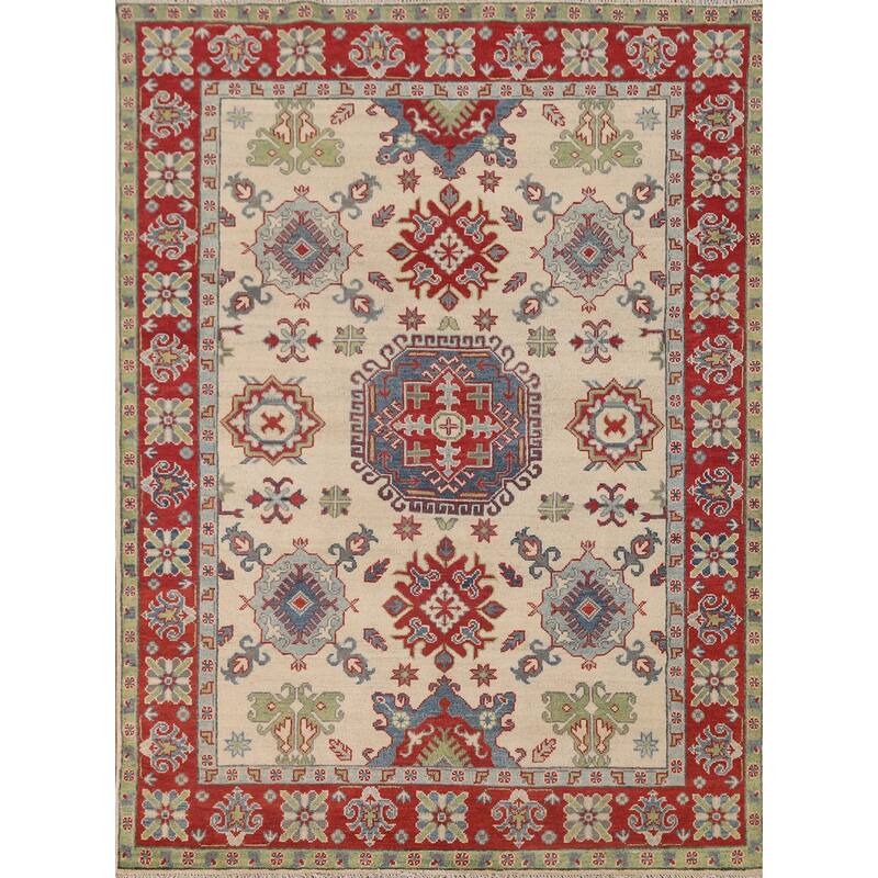 Ivory Kazak Area Rug Handmade Wool Carpet - 4'11" x 6'8"