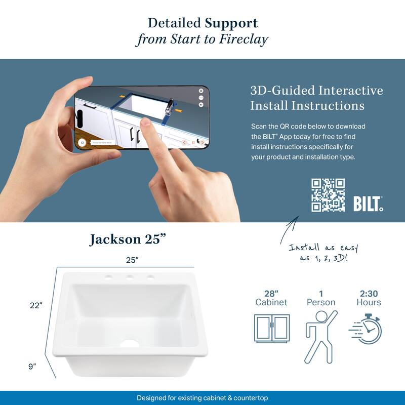 Jackson Matte Black Fireclay 25" Single Bowl Drop-In Kitchen Sink (3 Holes) with Drain
