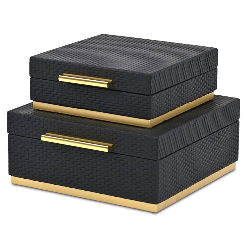 Tamsin Set of 2 Square Decorative Storage Boxes - Wicker Weave Pattern with Gold Hardware