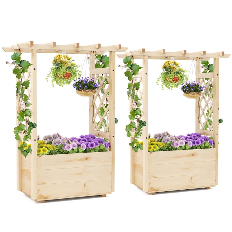Gymax 2PCS Wooden Raised Garden Bed/ Lattice Trellises Hanging Roof - Natural