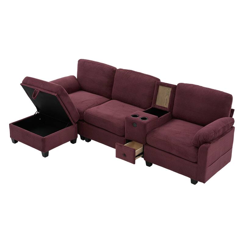 HOMEFUN Corduroy Upholstered L-Shaped 4-seater Storage Multifunctional Sectional Sofa with Storage Ottoman,Cup Holder and USB