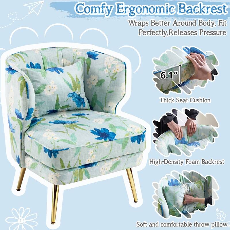 Mid Century Modern Upholstered Reading Chair with Lumbar Pillow, Gold Metal Legs, Small Space Friendly for Living Room Bedroom