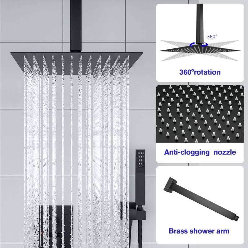 Lordear 16" Rain Mixer Shower System with Ceiling-Mounted Rainfall Shower Head and Square Rain Shower Head