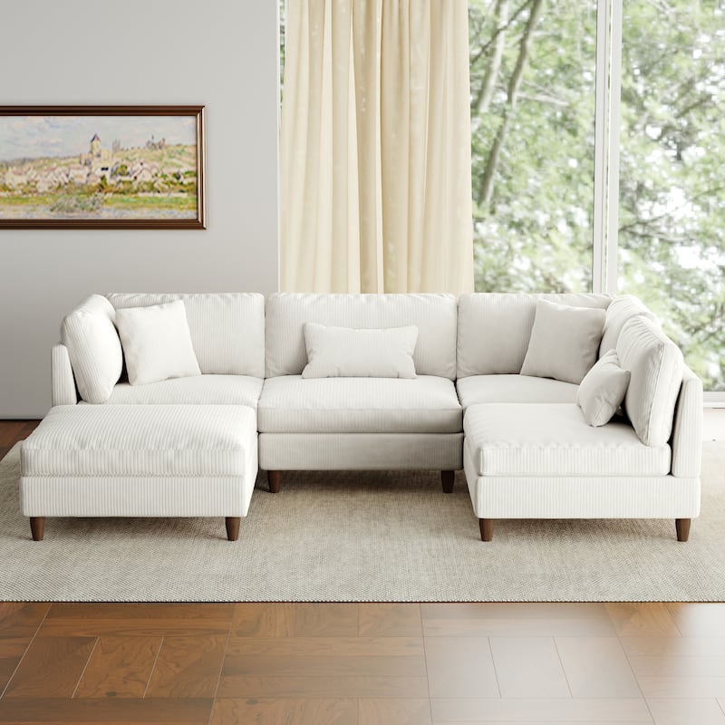 5-Piece Modern Comfy Corduroy Modular Sectional Sofa with Ottoman - Beige