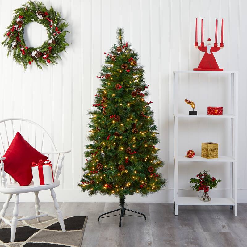 6’ Pinecone & Berry Pine Artificial Christmas Tree, Clear LED Lights - 6 Foot