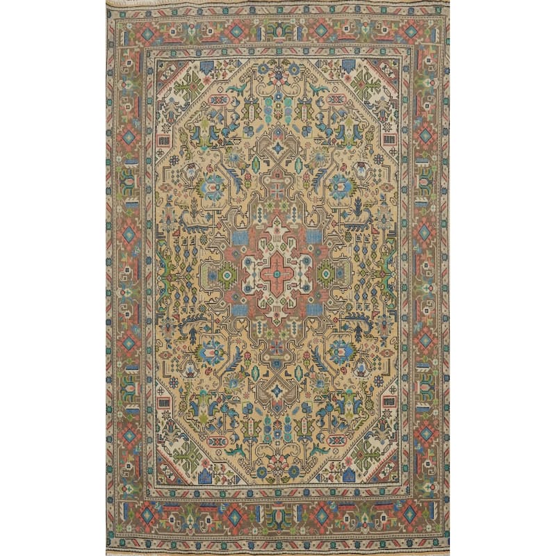 Hand Knotted Oriental 100% Wool Carpet Traditional Floral Peach Tabriz Area Rug - 9' 6'' X 6' 3''