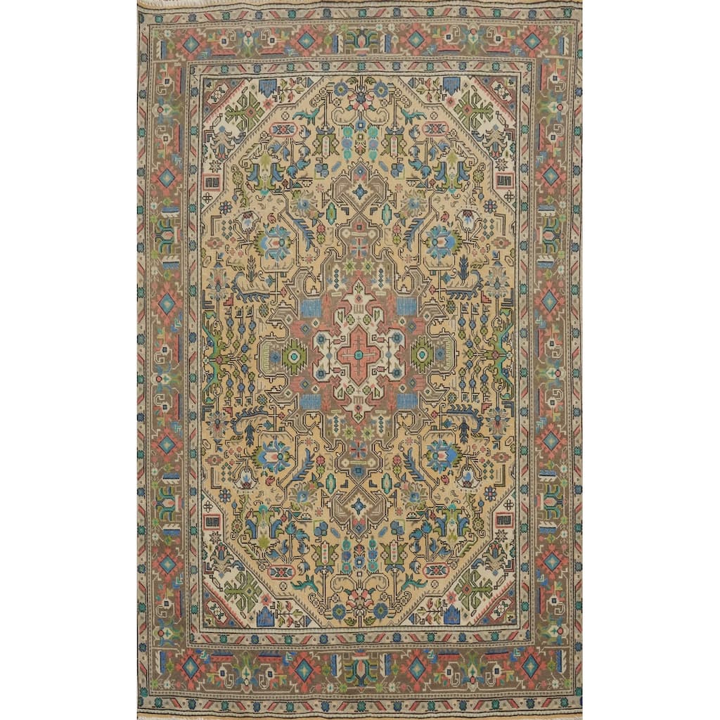 Hand Knotted Oriental 100% Wool Carpet Traditional Floral Peach Tabriz Area Rug - 9' 6'' X 6' 3''