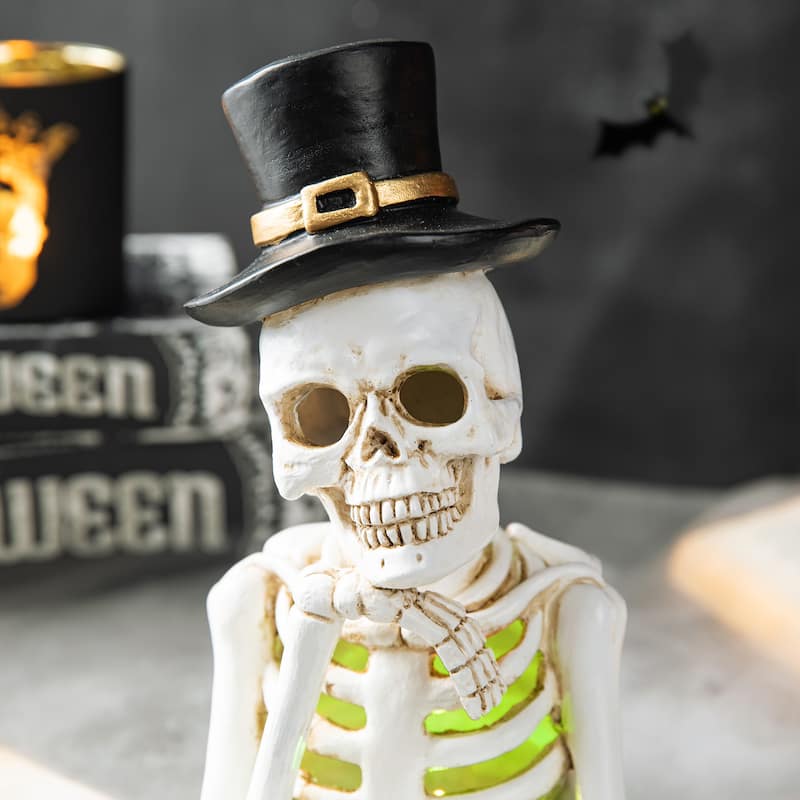 Glitzhome 10.25"H Halloween Lighted Resin Skull Reading Book Figurine Table Decor - Lighted Skull