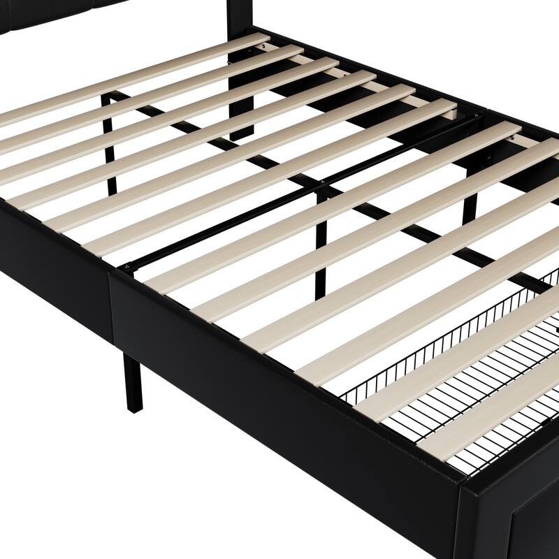 VECELO Bed Frame with Storage Drawers, Leather Upholstered with Diamond Tufted Headboard, Solid Wood Slat Support