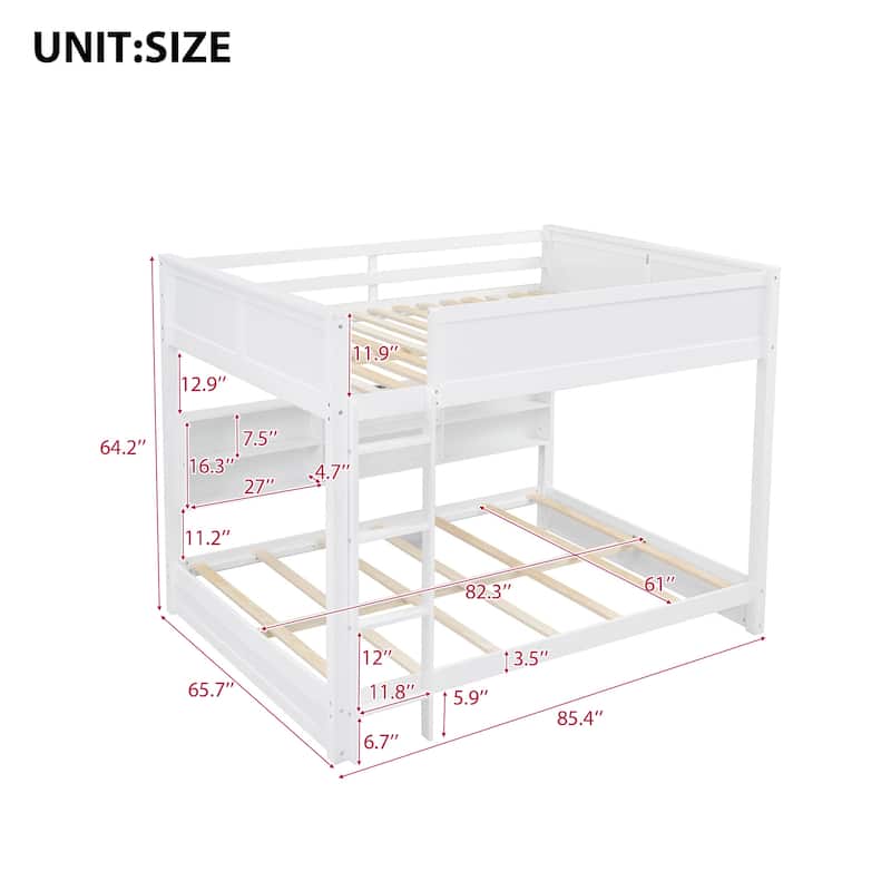 Queen over Queen Size Solid Wood Bunk Bed with Storage Cabinets and USB Ports