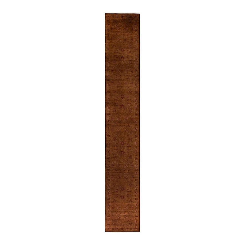 Overton Hand Knotted Wool Vintage Inspired Modern Contemporary Overdyed Brown Runner Rug - 3' 2" x 22' 4"