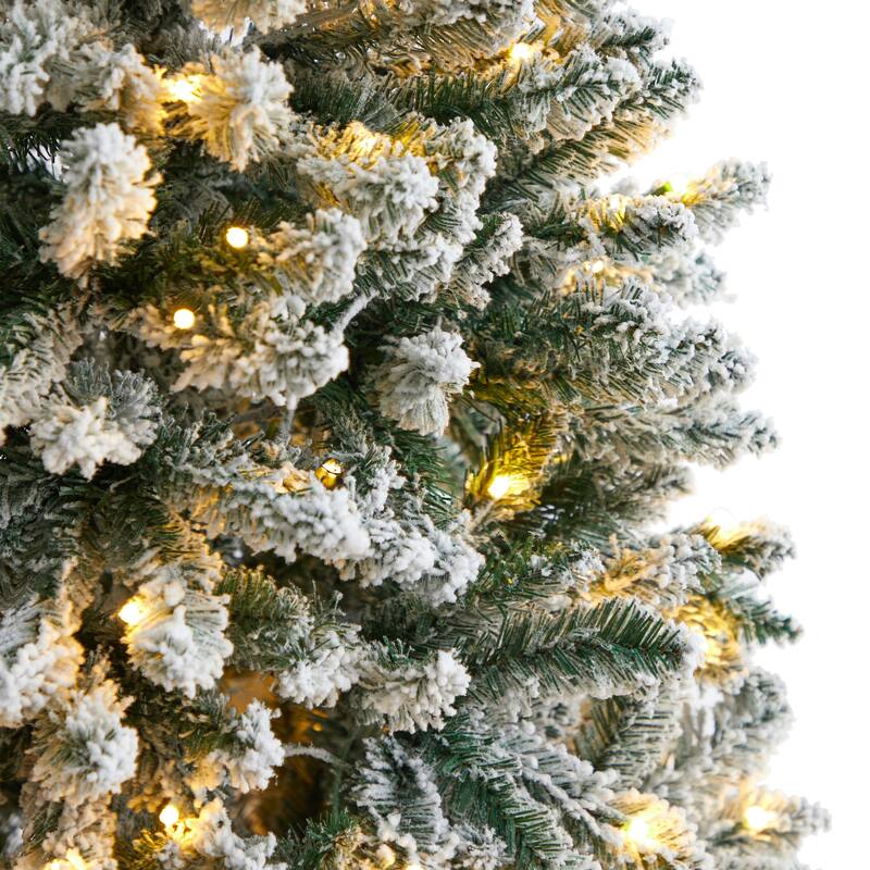 6' Slim Flocked Montreal Fir Artificial Christmas Tree with 250 Warm White LED Lights and 743 Bendable Branches