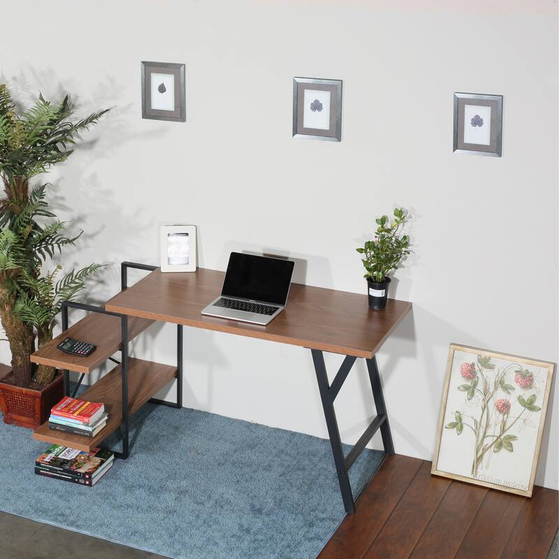 L - Shaped Home Office Desk with 2 Walnut Shelves - Walnut