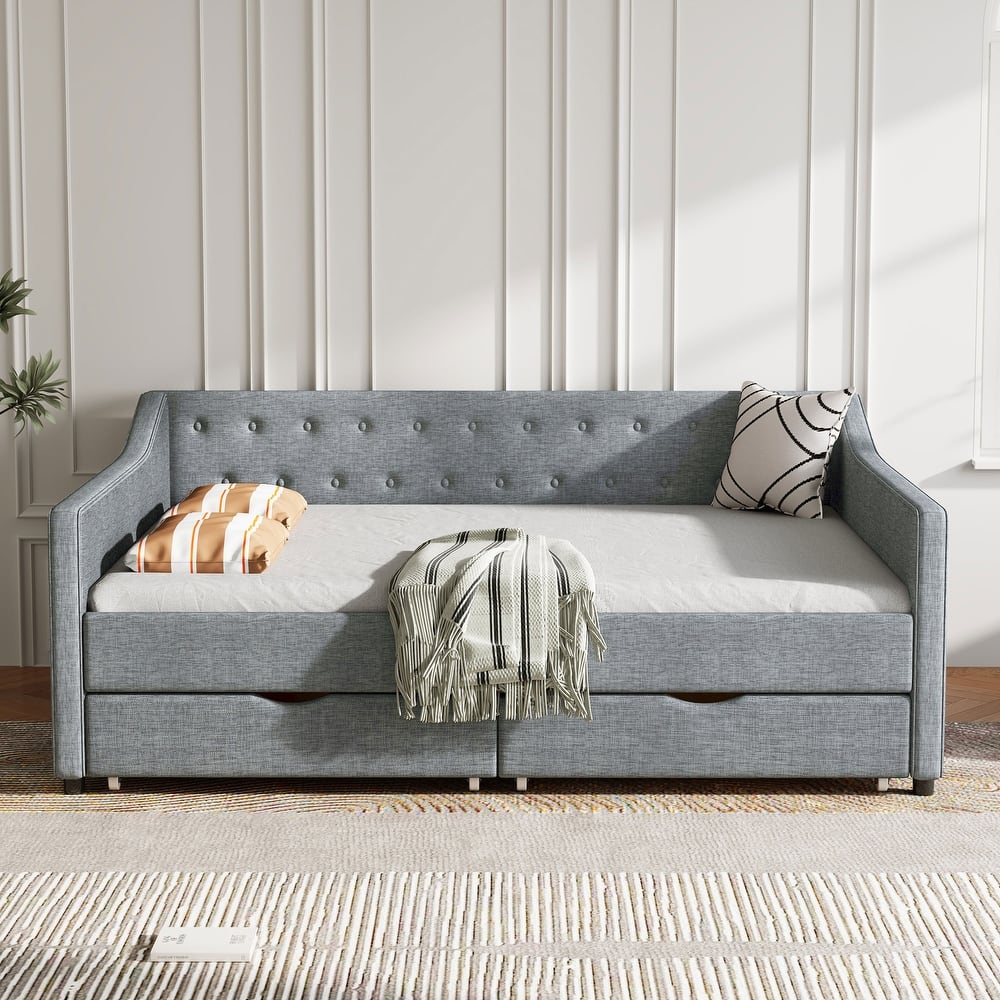 Linen Upholstered Daybed with 2 Drawers, Wooden Platform Sofa Bed Frame with Button Tufted Backrest, No Box Spring Needed