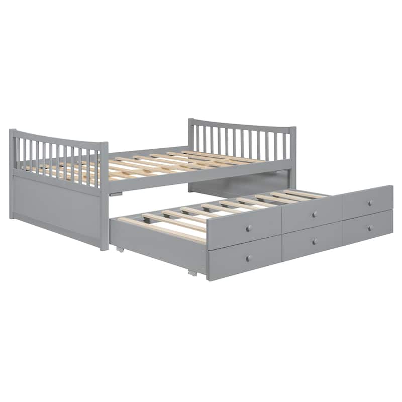 Full Size Daybed with Twin Trundle and 3 Drawers Solid Wood White No Box Spring Needed