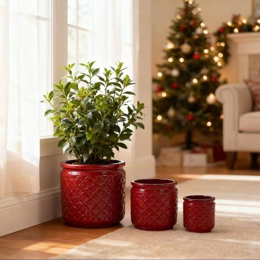 Anmytek Handmade Ceramic Planter Set of 3 Burgundy Diamond Pattern
