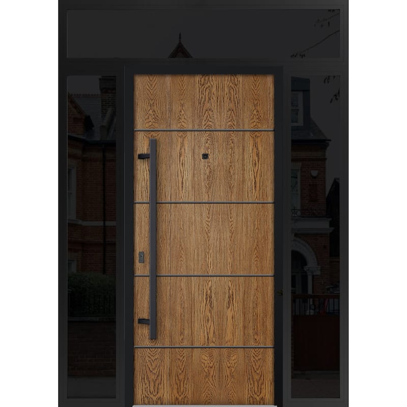 Exterior Prehung Steel Entry Door 0131 Black Enamel 2 Sidelites Top Window Stainless Steel Inserts W16+36+16xH80+16 - Beige - 60 x 96