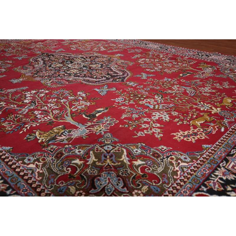 Animals Red Floral Kashan Turkish Area Rug Machine-Made Carpet - 9'7" x 12'8"
